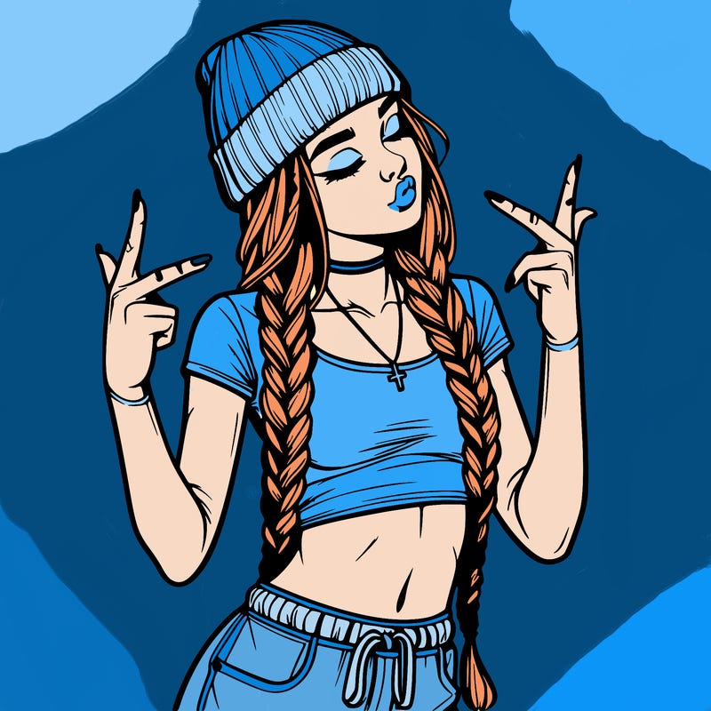 realistic teenage girl with braids and a beanie and crop top doing 🫶🏼