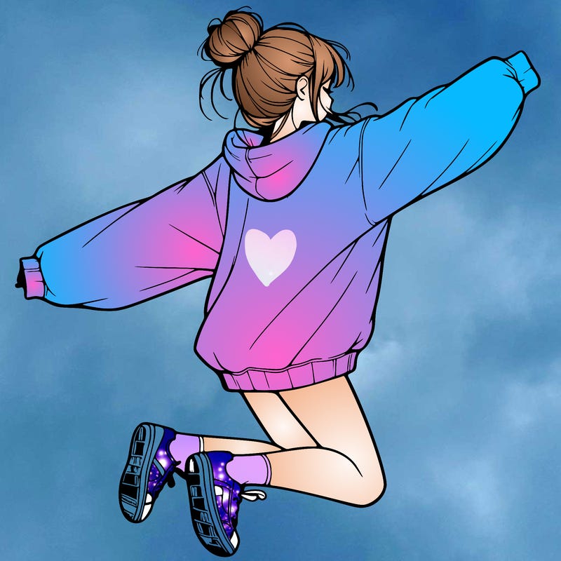 realistic girl jumping with a bun and oversized sweatshirt