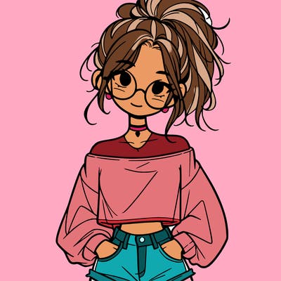 girl with a messy ponytail glasses a baggy crop top and jean shorts