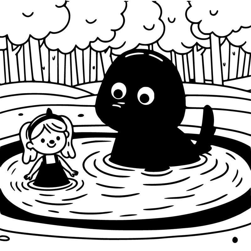 a red dog inside a red lake with a little girl