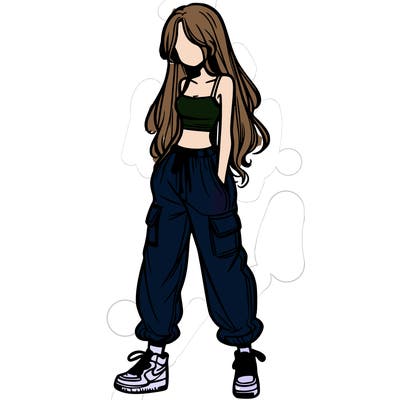 girl in baggy pants crop top and long hair