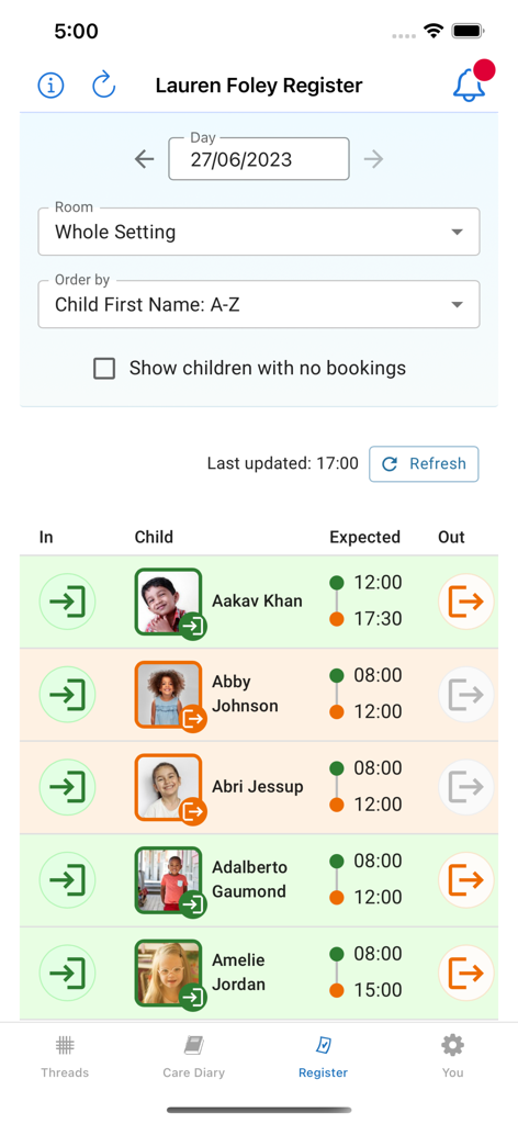A digital attendance register screen within the Tapestry Journal app showing child names and expected arrival and departure times