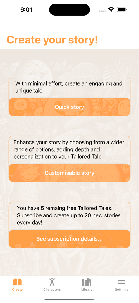 AI Stories For Kids アプリのストーリー作成画面。クイックでカスタマイズ可能な物語オプションが特徴です。