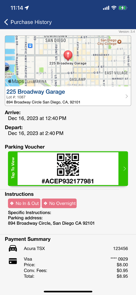Purchase history screen in the ACE Parking app showing a digital parking voucher with a QR code and payment summary for a garage in San Diego