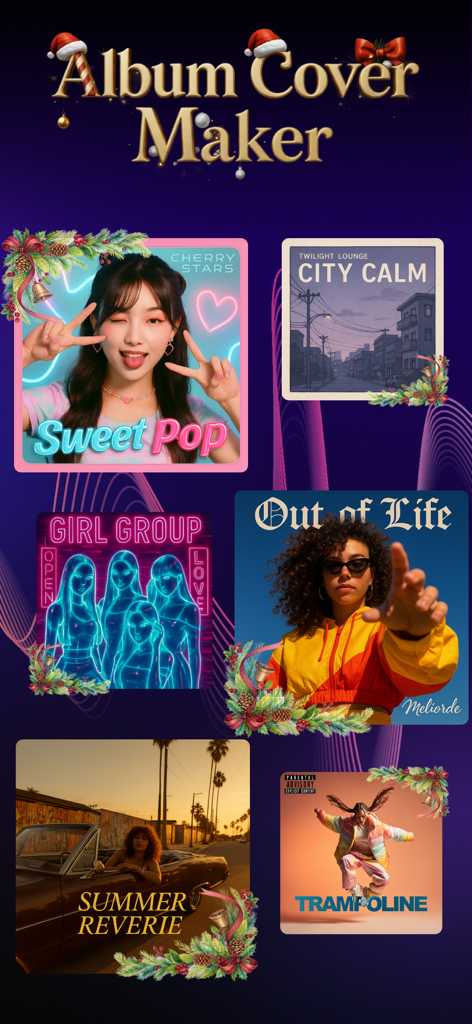 A collection of AI generated album cover templates displayed in the Hexa AI app