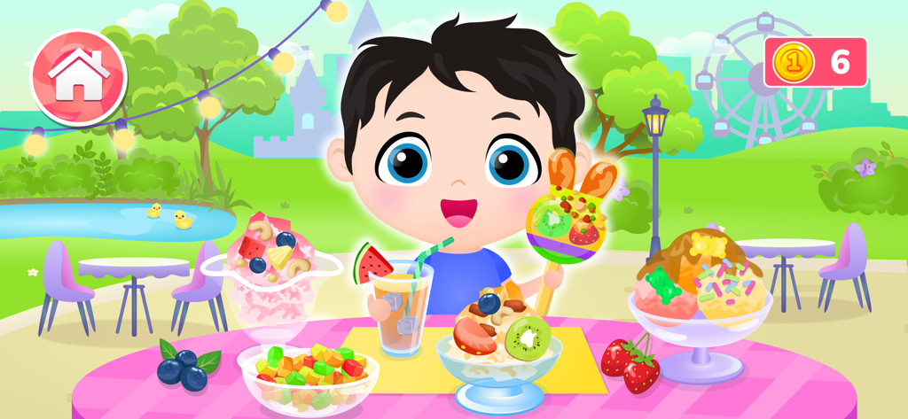 A happy cartoon boy character surrounded by colorful ice cream treats in a park