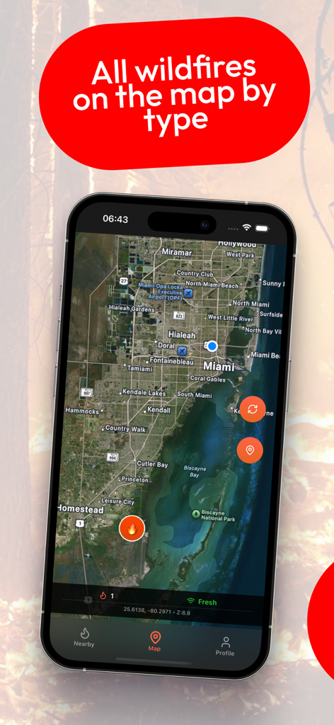 iPhone mostrando un mapa satelital interactivo con ubicaciones de incendios y marcadores de tipo.