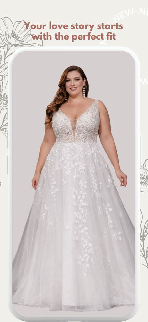 Plus Size Wedding Dress Shop - Ein kurviges Model trägt ein weißes Spitzen-Brautkleid mit Blumenmuster