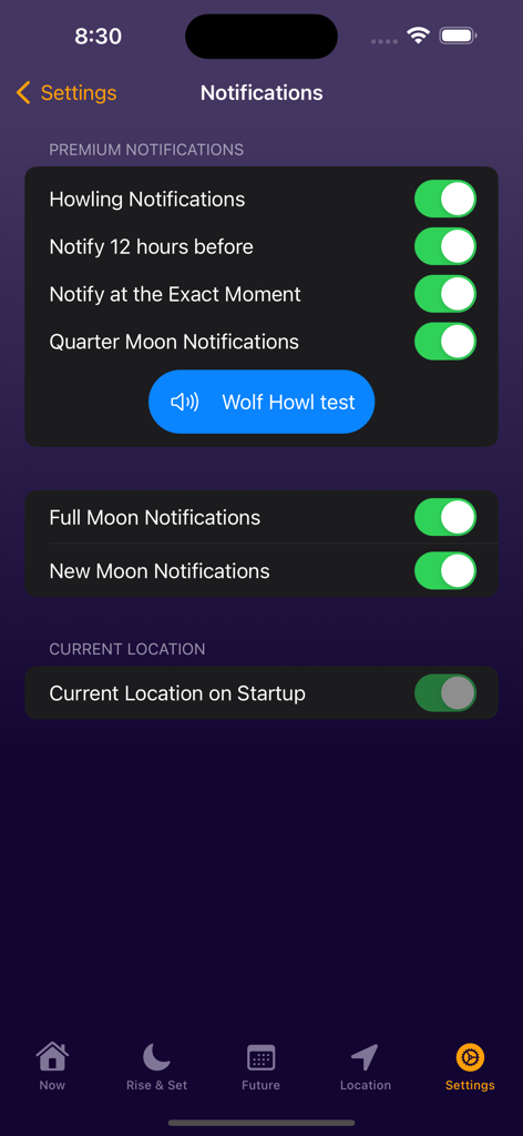 Pantalla de configuración de notificaciones de fase lunar con opciones para alertas de luna llena y luna nueva