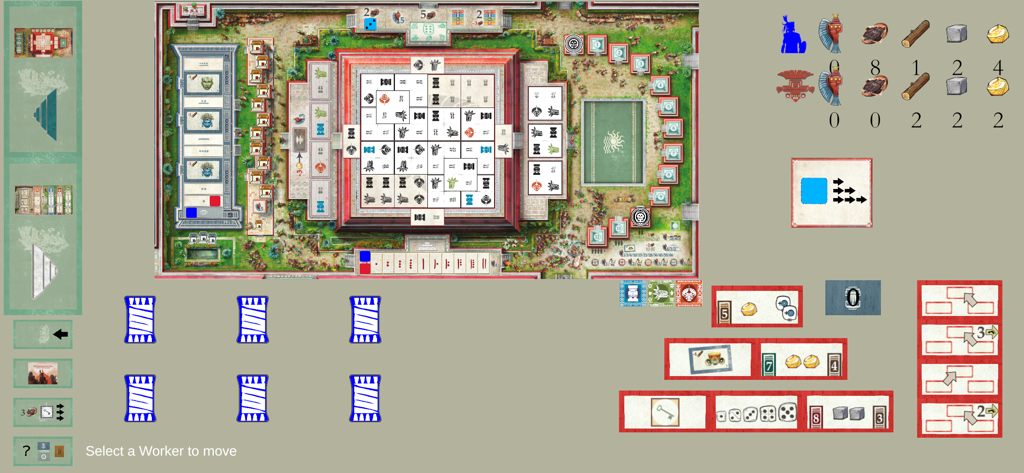 Teotihuacan - The board game - Interfaz de juego de la versión digital del juego de mesa Teotihuacan que muestra el tablero principal y los dados de trabajadores