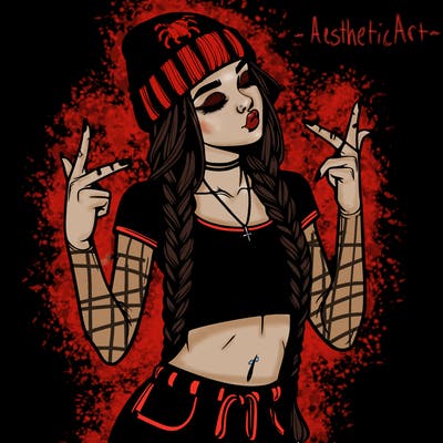 realistic teenage girl with braids and a beanie and crop top doing 🫶🏼