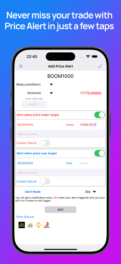 Forex Alerts & Crypto Alerts - Einrichtung einer Preisalarmierung für den BOOM1000-Index in der Forex- und Krypto-Alarmierungs-App