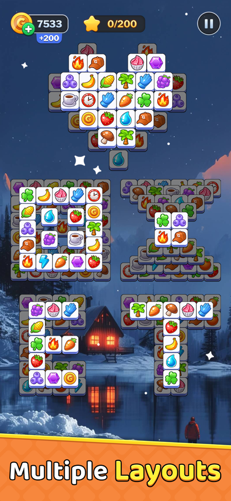 Tile Burst - Match Puzzle - Captura de pantalla de la jugabilidad de Tile Burst mostrando varios diseños de rompecabezas de triple combinación sobre un escénico fondo de invierno