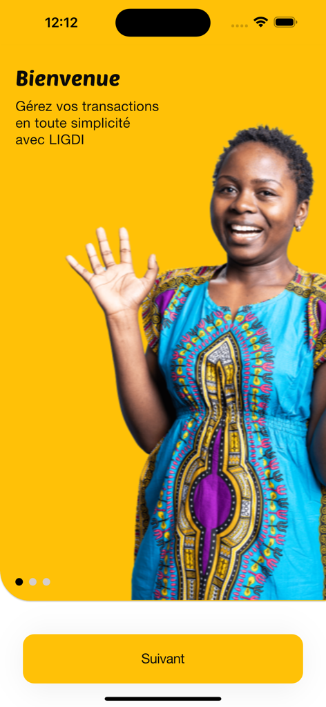 Willkommensbildschirm der Ligdi-App mit einer lächelnden Frau in traditioneller westafrikanischer Kleidung vor einem gelben Hintergrund.