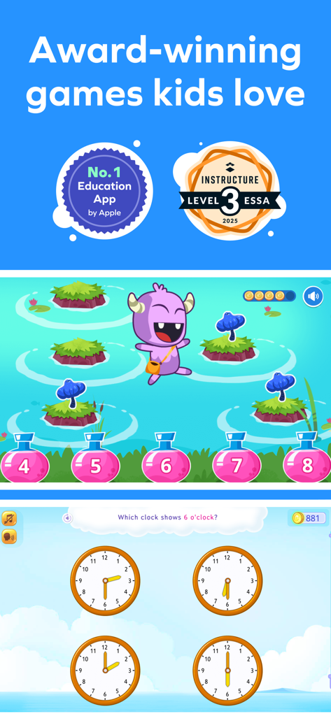 Collage showing Splash Math app awards and interactive gameplay screens for kids