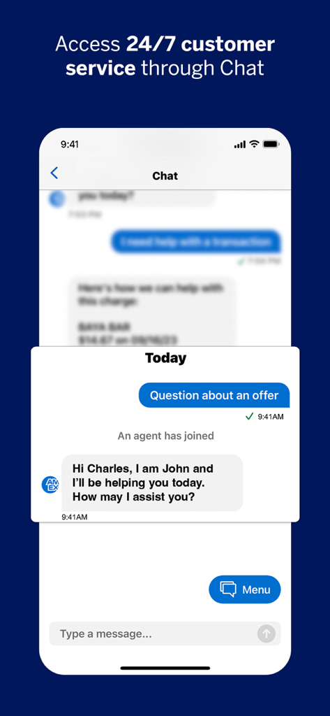Uma interface móvel do aplicativo Amex mostrando uma sessão de chat de atendimento ao cliente 24 horas por dia, 7 dias por semana, entre um usuário e um agente.