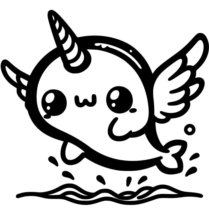 a kawaii narwhal with wings jumping out of the water