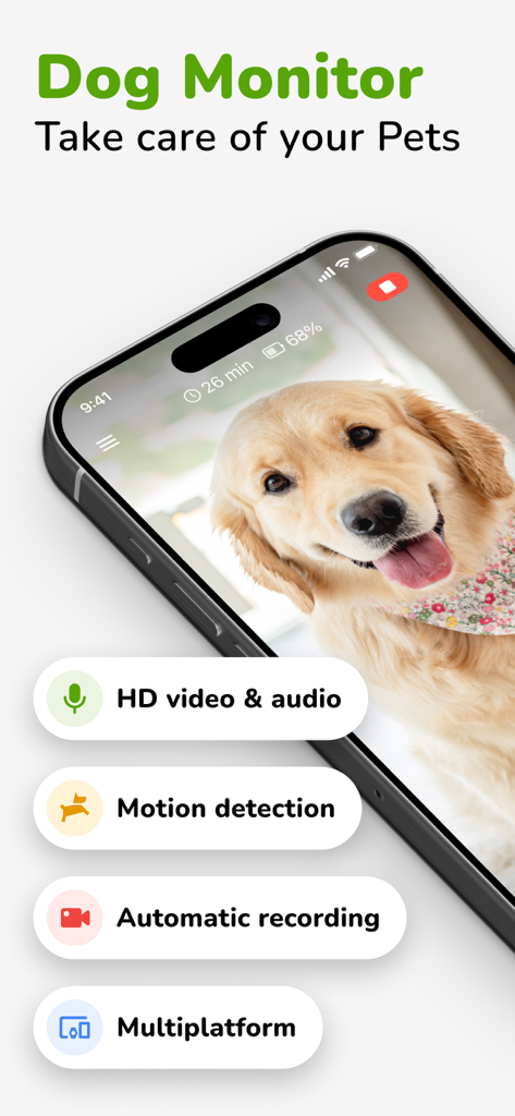 Barkio app on a smartphone showing a live video feed of a golden retriever with feature highlights like motion detection and HD video