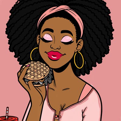 an african american woman eating a waffle burger realistic