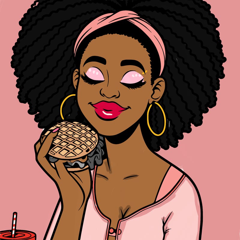an african american woman eating a waffle burger realistic