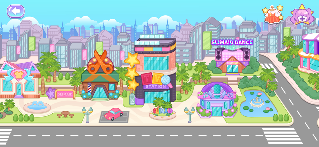 Slimaid Princess: Idol Life - A colorful cartoon city map in Slimaid Princess Idol Life featuring a TV station, hair salon, and dance studio.