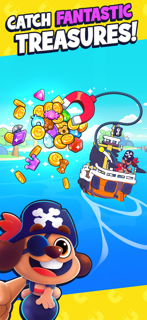 Go Go Magnet! - A pirate dog character catching gold coins and gems with a giant magnet over the sea