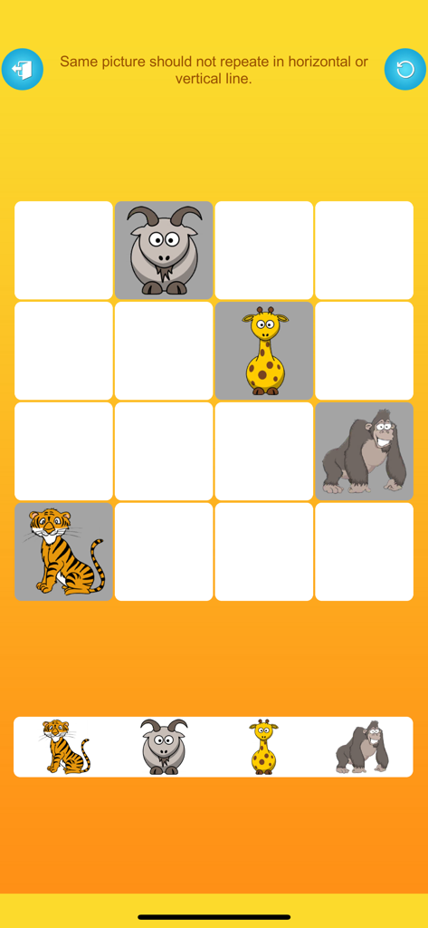 Brain Puzzle with Pictures - Jogabilidade do Quebra-Cabeça Cerebral com Imagens mostrando uma grade de lógica 4x4 com ícones de animais.