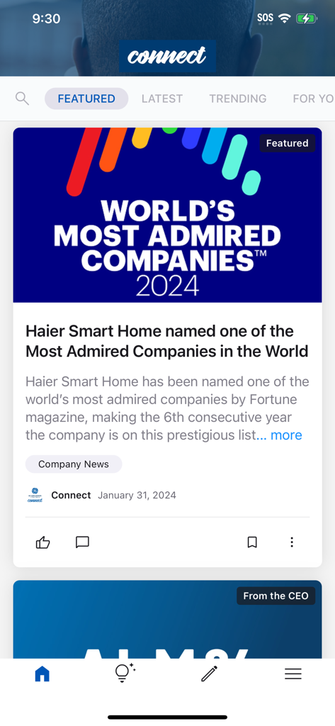 GE Appliances Connect app interface showing an internal company news feed with an article about Haier Smart Home's global recognition.