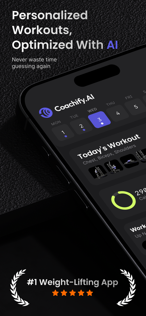 Coachify AI mobile app interface showing a personalized workout plan and weekly fitness calendar optimized with AI