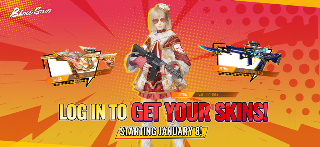 Blood Strike Max - Banner promozionale di Blood Strike Max che mostra skin di personaggi e armi per un evento di accesso a partire dall'8 gennaio