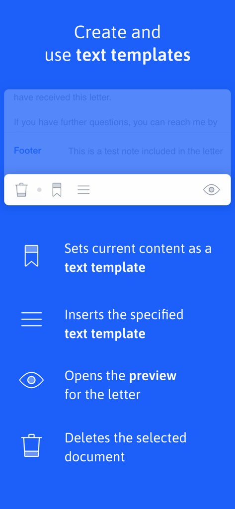 EasyLetter - Send letters - A screenshot of the EasyLetter app explaining how to create and use text templates with icons for saving, inserting, previewing, and deleting letters.