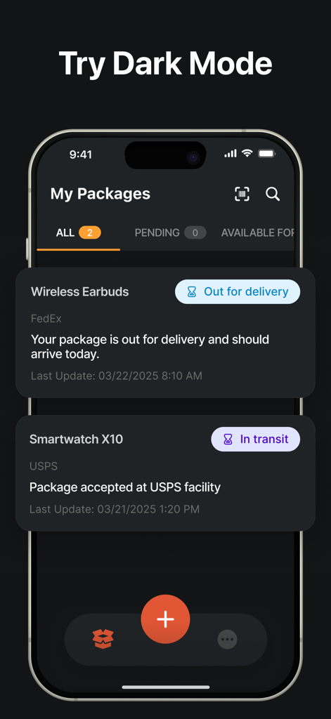 ParcelBox - Package Tracker - Interfaz de la aplicación de seguimiento de paquetes ParcelBox en modo oscuro que muestra estados de entrega en tiempo real para múltiples envíos