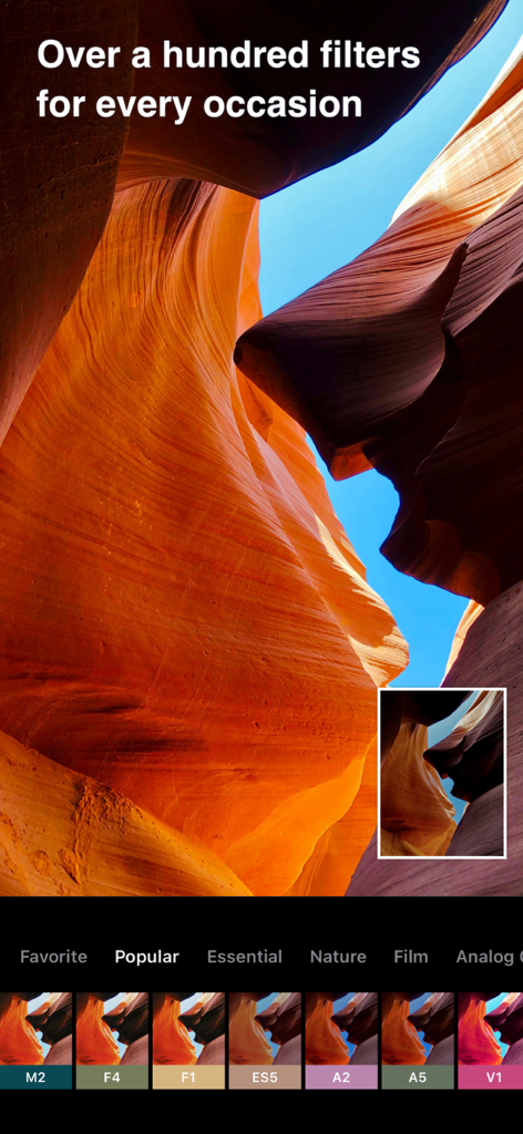 Fine Photo Editor 모바일 앱 화면에 여러 필터 사전 설정이 있는 협곡 사진이 표시됩니다.