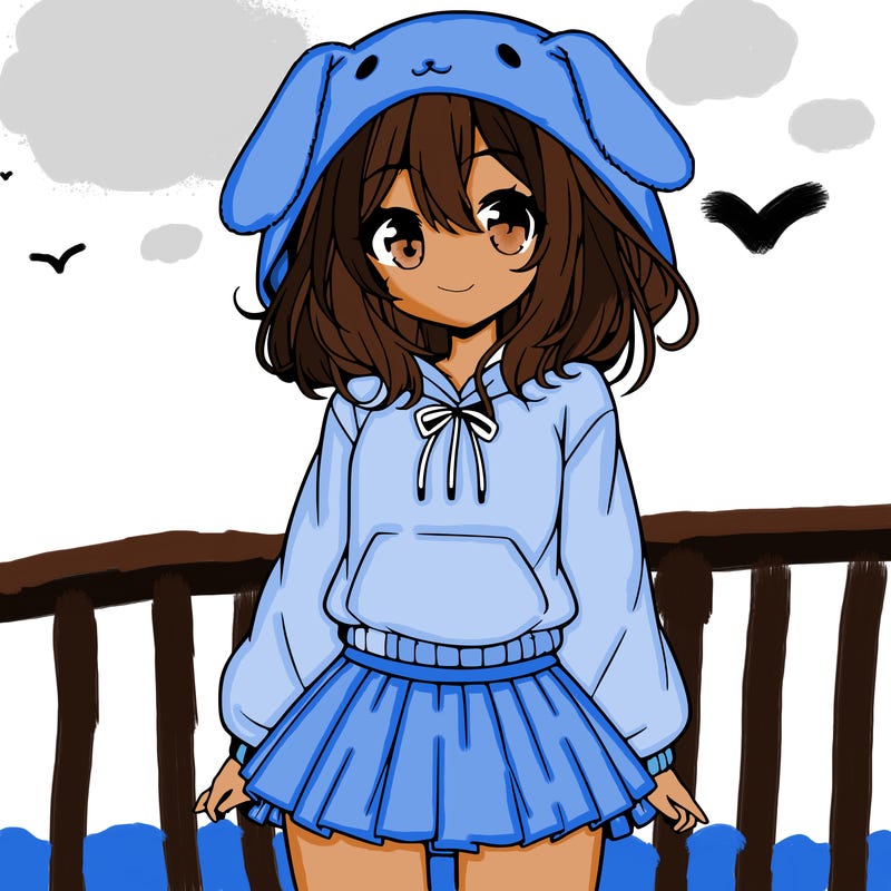 pretty anime girl wearing a fluffy hoodie with bunny ears on the hood and a skirt