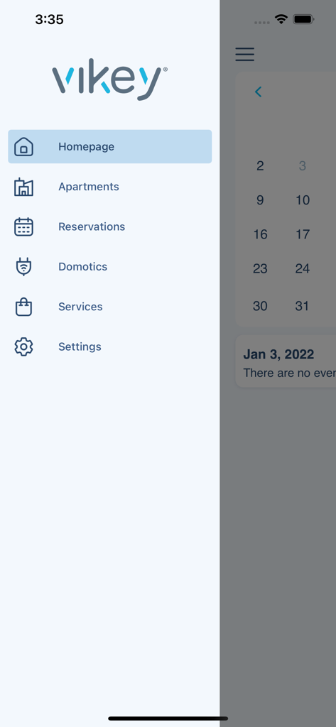 Vikey Host - Das seitliche Navigationsmenü der Vikey Host App mit Abschnitten für Apartments, Reservierungen und Domotik