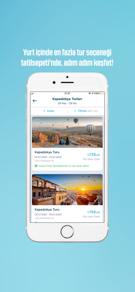 tatilsepeti - Mobile app interface of tatilsepeti showing Cappadocia tour options with hot air balloons and local hotel images