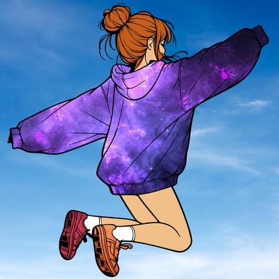 realistic girl jumping with a bun and oversized sweatshirt