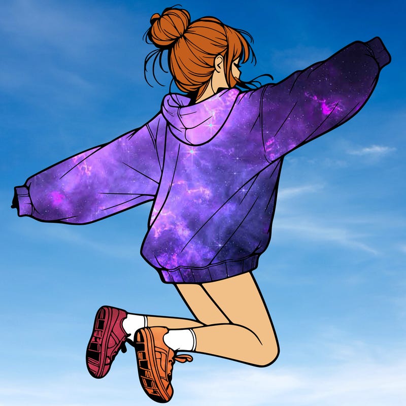 realistic girl jumping with a bun and oversized sweatshirt