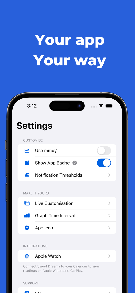 Sweet Dreams – Sugar Tracker - Sweet Dreams app settings screen showing customization options for blood sugar tracking and Apple Watch integration