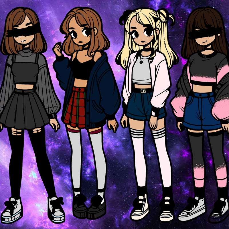 one girl with crop-top shirt and a jacket with a skirt, long socks and another girl with a shirt and pants with a jacket