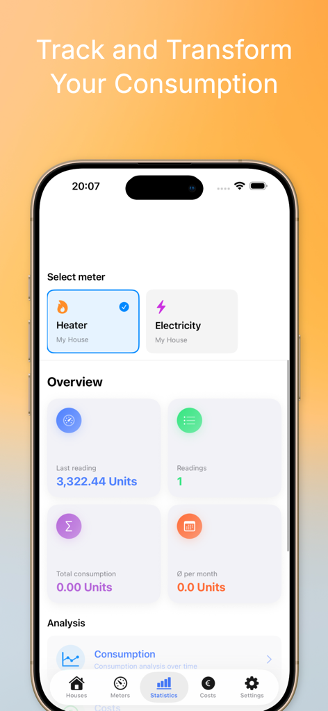 Dashboard of the Meter Usage app showing consumption statistics and utility meter overview