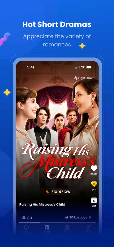 FlareFlow app interface showing a short romance drama titled Raising His Mistress Child
