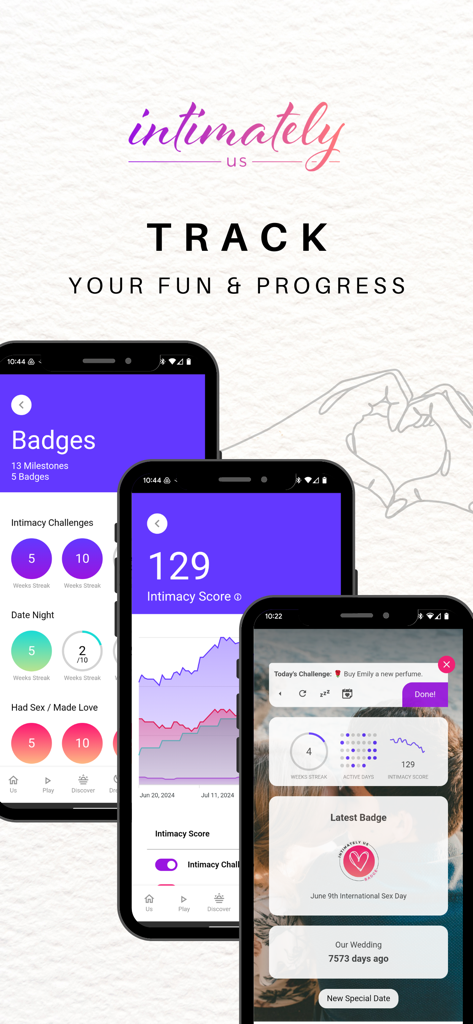 Capturas de pantalla de la aplicación Intimately Us que muestran el seguimiento de la puntuación de intimidad y las insignias de relación para parejas