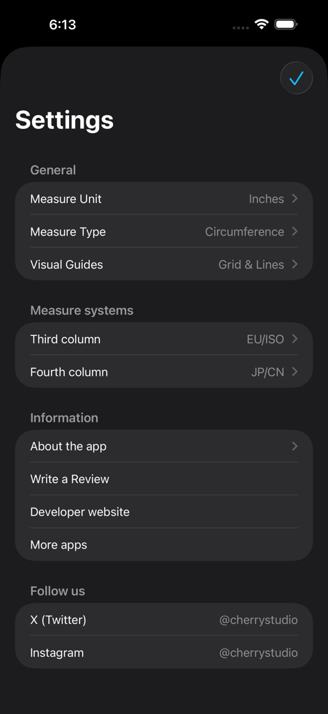 Ring Sizer Pro - Settings screen of the Ring Sizer Pro app showing measurement unit and international sizing system options.
