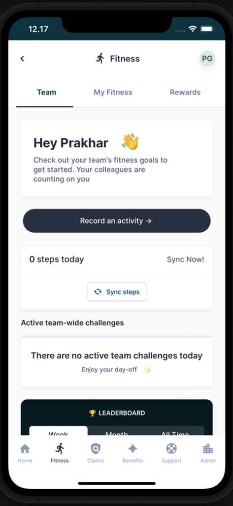 Nova Benefits app fitness dashboard showing team goals and step tracking