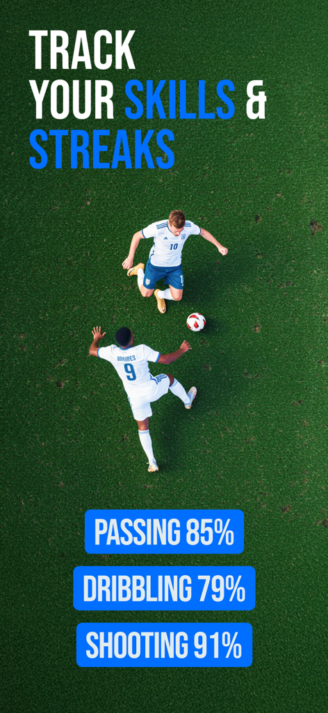 Top down view of soccer players on a grass field with skill progress bars for passing dribbling and shooting