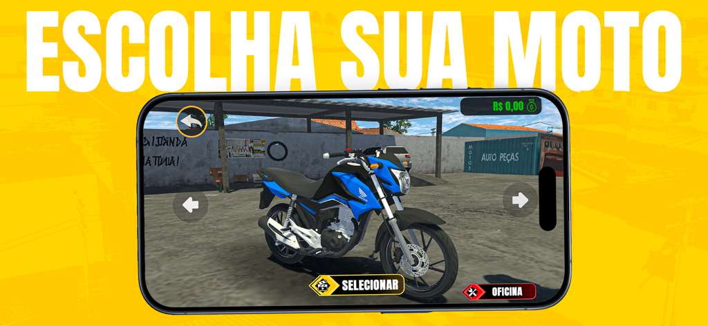 Motorcycle selection screen in the Projeto Grau app featuring a blue and black street bike in a garage setting