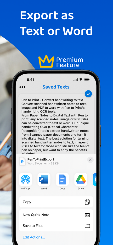 PenToPRINT App-Bildschirm mit Exportoptionen nach Word und Google Docs.