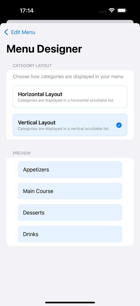 Interfaz de la aplicación QR Code Menu Maker AI que muestra la pantalla del Diseñador de Menús con opciones para diseños de categorías horizontales y verticales y una vista previa vertical de los artículos del menú.
