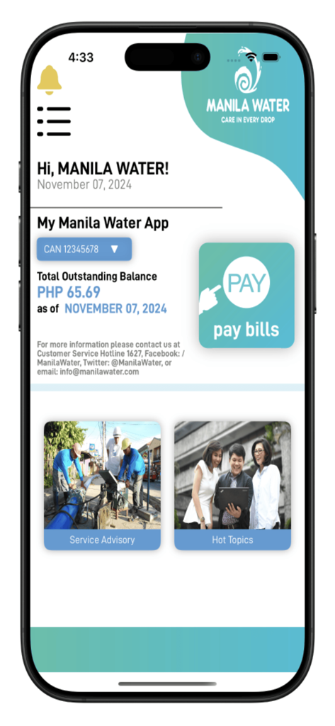 Manila Water App - The Manila Water App dashboard displaying the total outstanding balance and bill payment options